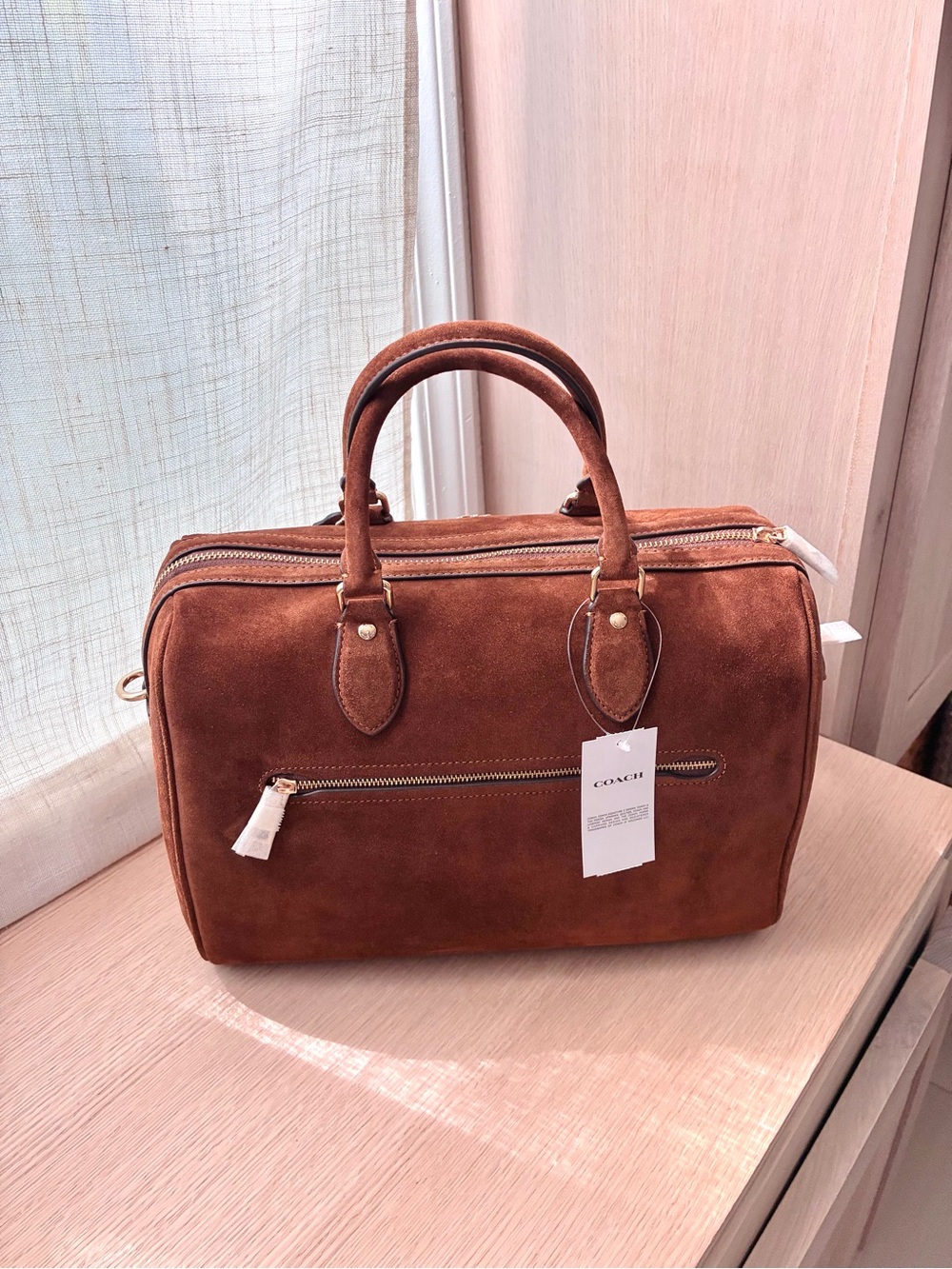 NWT🍯Coach Rowan Large Satchel Bag Suede Warm Brown CET42 Classic Crossbody - Picture 6 of 11